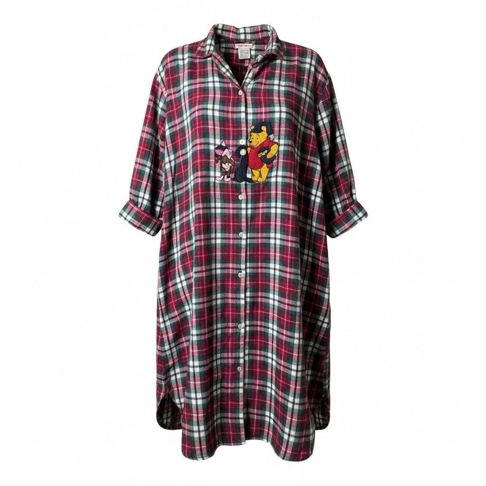 Vtg Disney Store Nightgown Womens Size OW Pooh Piglet Flannel Plaid White Red